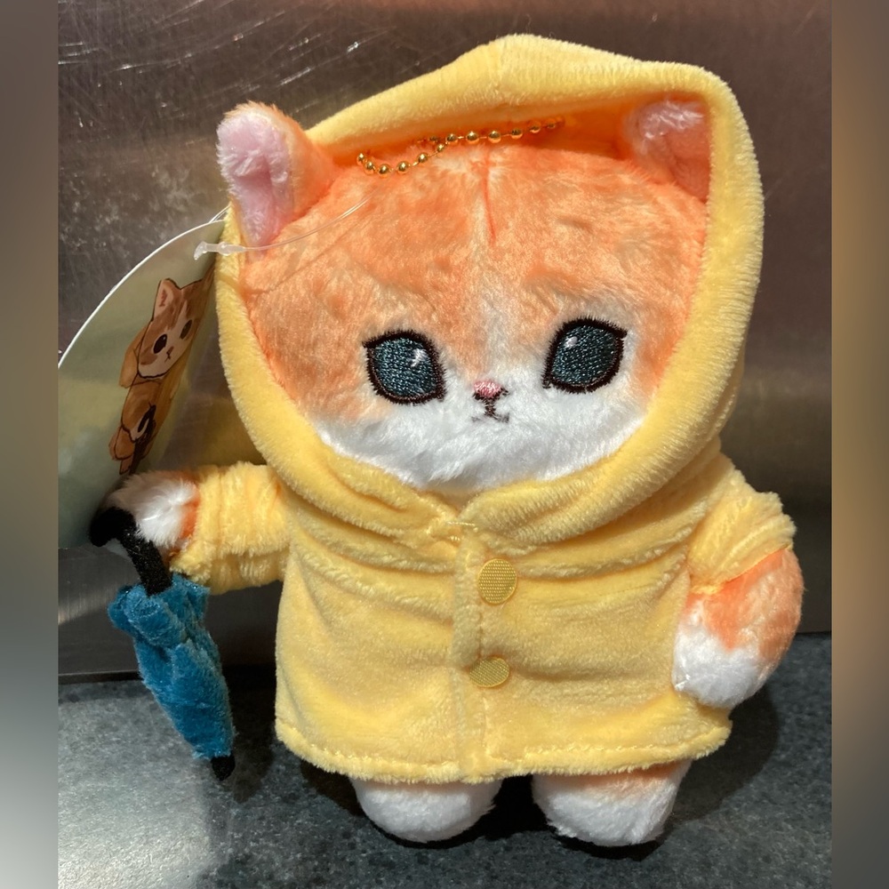 🌂🐱 13cm Mofusand Cat in Yellow Raincoat Blue Umbrella Soft Plush Doll Stuff Toy